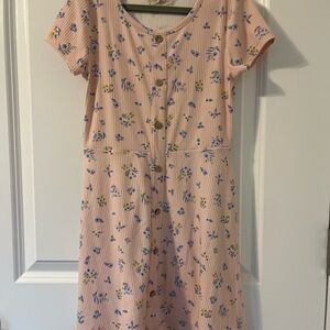 Btween Girls Floral Ribbed Button Front Dress Size 8 Pink Short Sleeve